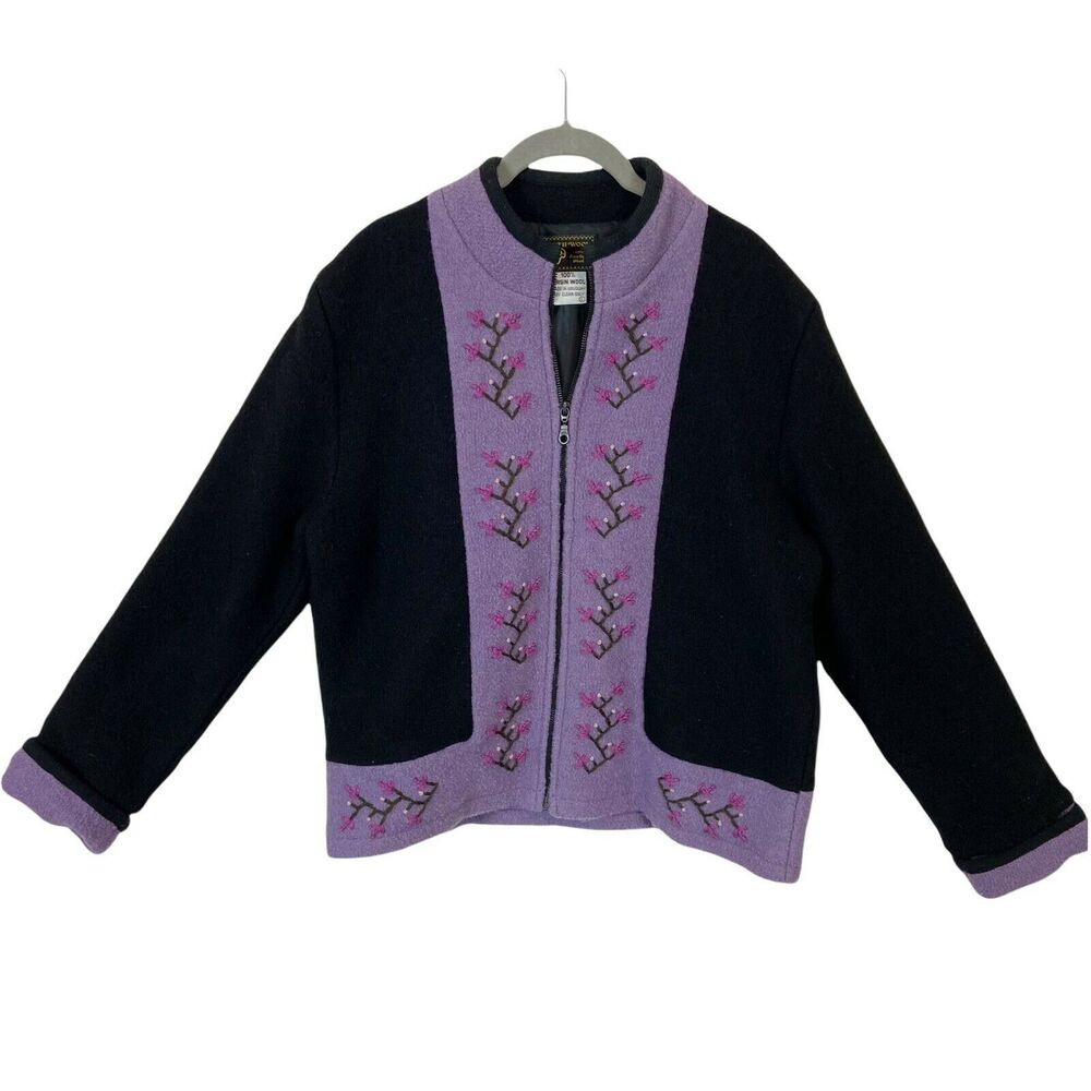Uruguay Wool Jacket Vintage Floral Detail Black Purple Full Zip Size Large Retro
